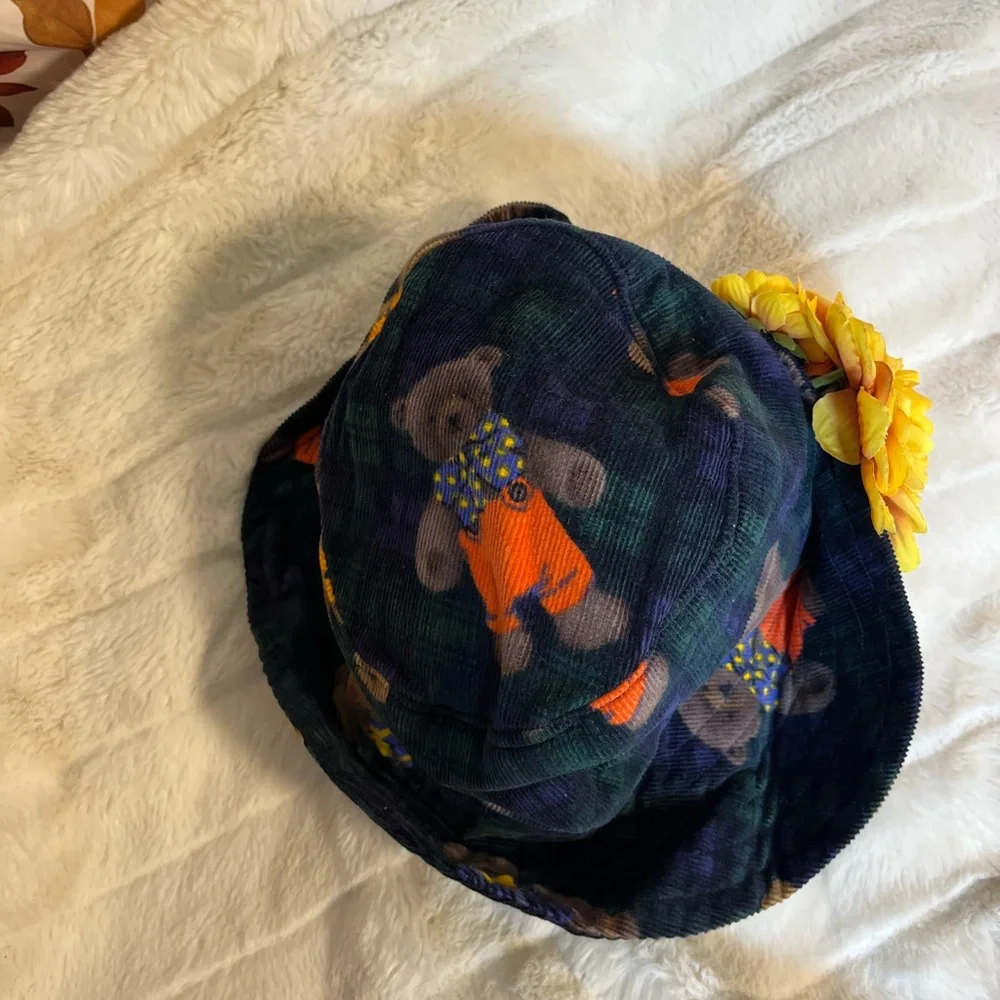 90s Coded Babydoll Toddler Teddy Bear Green Blue Flower Hat Retro Fashion Fall